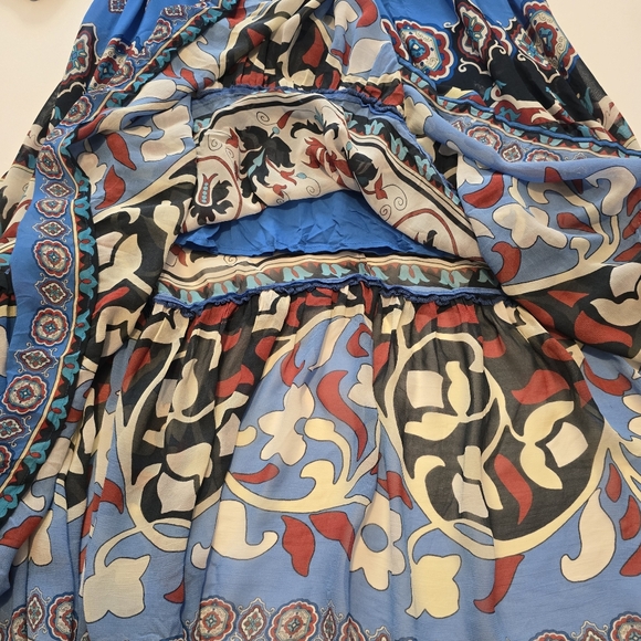 FARM Rio Anika Tiles Blue Maxi Dress Gown Long Sleeve V-Neck - Picture 5 of 14